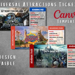 Modello modificabile di biglietto a sorpresa per gli Universal Studios, modello di carta d'imbarco stampabile per gli Universal Studios, biglietto regalo per viaggio di vacanza universale