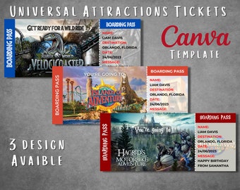 Edytowalny szablon biletu-niespodzianki do Universal Studios, szablon karty pokładowej do Universal Studios do druku, bilet na prezent na wakacyjną wycieczkę do Universal