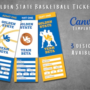 Bearbeitbare Gold State-Basketball-Ticketvorlagen, druckbare Gold State-Basketballspielkarten-Enthüllung, Basketballspiel-Ticket-Pass-Geschenke