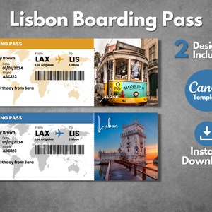 Modèle modifiable de carte d'embarquement à Lisbonne, billet cadeau imprimable pour un voyage à Lisbonne, bon personnalisé de carte d'embarquement pour la ville de Lisbonne au Portugal, modèle Canva