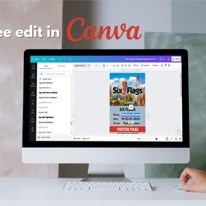 Peut inclure: Un &eacute;cran d'ordinateur affichant un mod&egrave;le de passe visiteur Six Flags dans Canva. Le mod&egrave;le est personnalisable avec des champs de texte pour le nom, la date et le groupe. Le texte "VISITOR PASS" est affich&eacute; en gras au bas du mod&egrave;le.