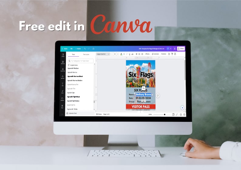 Peut inclure: Un &eacute;cran d'ordinateur affichant un mod&egrave;le de passe visiteur Six Flags dans Canva. Le mod&egrave;le est personnalisable avec des champs de texte pour le nom, la date et le groupe. Le texte "VISITOR PASS" est affich&eacute; en gras au bas du mod&egrave;le.