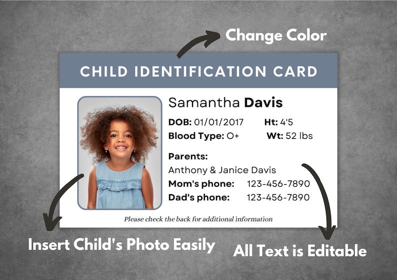 Editable Child ID Card Template, Custom Kid ID Card Template, Printable