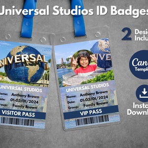 Bearbeitbare Universal Studios ID-Abzeichen, druckbare Universal Studios-Besucher-ID-Pass-Vorlage, Universal-Urlaubsreisegeschenk-VIP-Pass