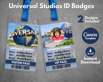 Edytowalny szablon identyfikatora Universal Studios, karnet VIP na prezent wakacyjny (do pobrania w wersji cyfrowej)