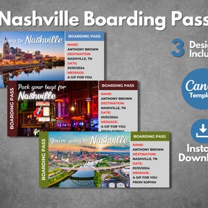 Editable Nashville surprise ticket template, Printable Nashville boarding pass vacation trip, Nashville gift ticket reveal canva template