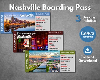 Bewerkbare instapkaart voor trip naar Nashville, verrassingscadeau (canvasjabloon)