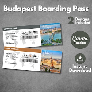 Bewerkbare sjabloon instapkaart Boedapest, afdrukbaar ticket Boedapest vakantiereis, aangepaste voucher Boedapest Hongarije, Canva-sjabloon