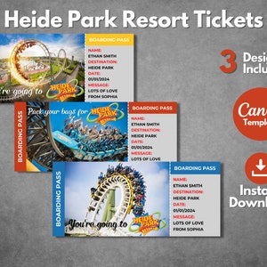 Plantilla editable de boleto sorpresa de Heide Park, plantilla de tarjeta de embarque imprimible de Heide Park Resort, boleto de regalo de vacaciones de Heide Park Alemania