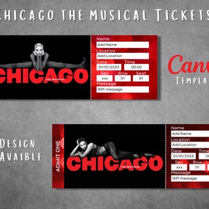 Editable Chicago The Musical Broadway surprise ticket template, Printable Chicago theatre play show pass, Chicago The Musical gift ticket