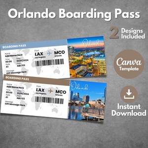 Modello modificabile della carta d'imbarco di Orlando, biglietto stampabile per il viaggio di vacanza a Orlando in Florida, biglietto personalizzato per Orlando in Florida, modello Canva