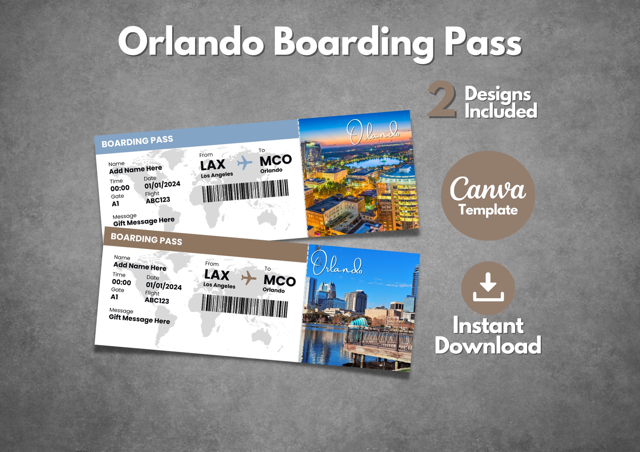 Editable Orlando Boarding Pass Ticket, Canva Template (digital