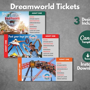 Modèle de billet surprise modifiable Dreamworld, modèle imprimable de carte d'embarquement Dreamworld, billet cadeau voyage vacances Dreamworld