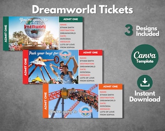 Editable Dreamworld surprise ticket template, Printable Dreamworld boarding pass template, Dreamworld vacation trip gift ticket