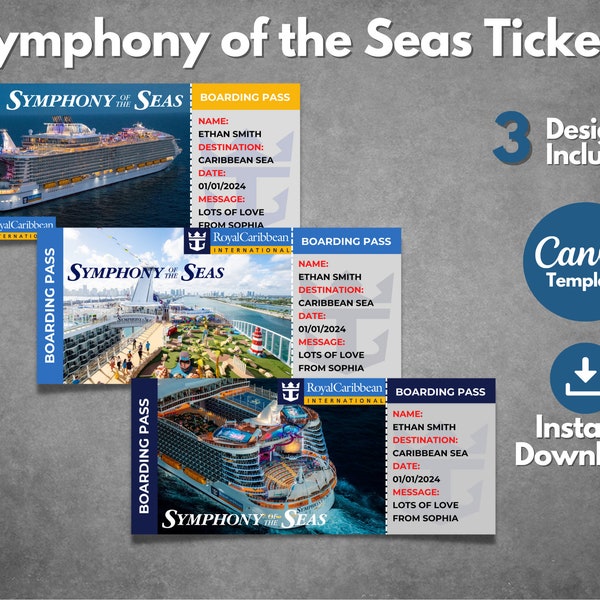 Editable Royal Caribbean Cruise surprise ticket template, Printable Symphony of the seas boarding pass template, Cruise gift voucher invite