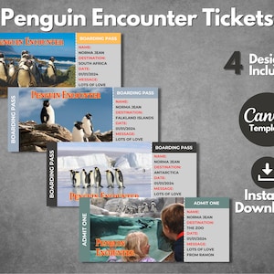 Bewerkbaar sjabloon voor verrassingsticket Penguin Encounter, Afdrukbaar sjabloon voor instapkaart Penguin Encounter, Canva-sjabloon voor vakantiereis