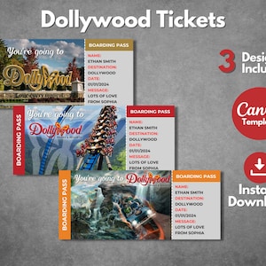 Bearbeitbare Dollywood Überraschungsticketvorlage, druckbare Dollywood Tennessee Bordkartenvorlage, Dollywood Urlaubsreise Geschenkticket
