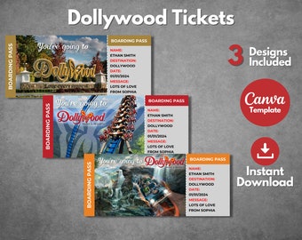 Edytowalny szablon biletu-niespodzianki Dollywood, szablon karty pokładowej Dollywood w Tennessee do wydrukowania, bilet na prezent na wakacyjną wycieczkę Dollywood