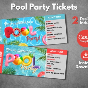 Bearbeitbare Pool Party Ticket Vorlage, druckbare Pool Party Einladung Vorlage, Pool Geburtstag Party Ticket einladen, Canva Vorlage