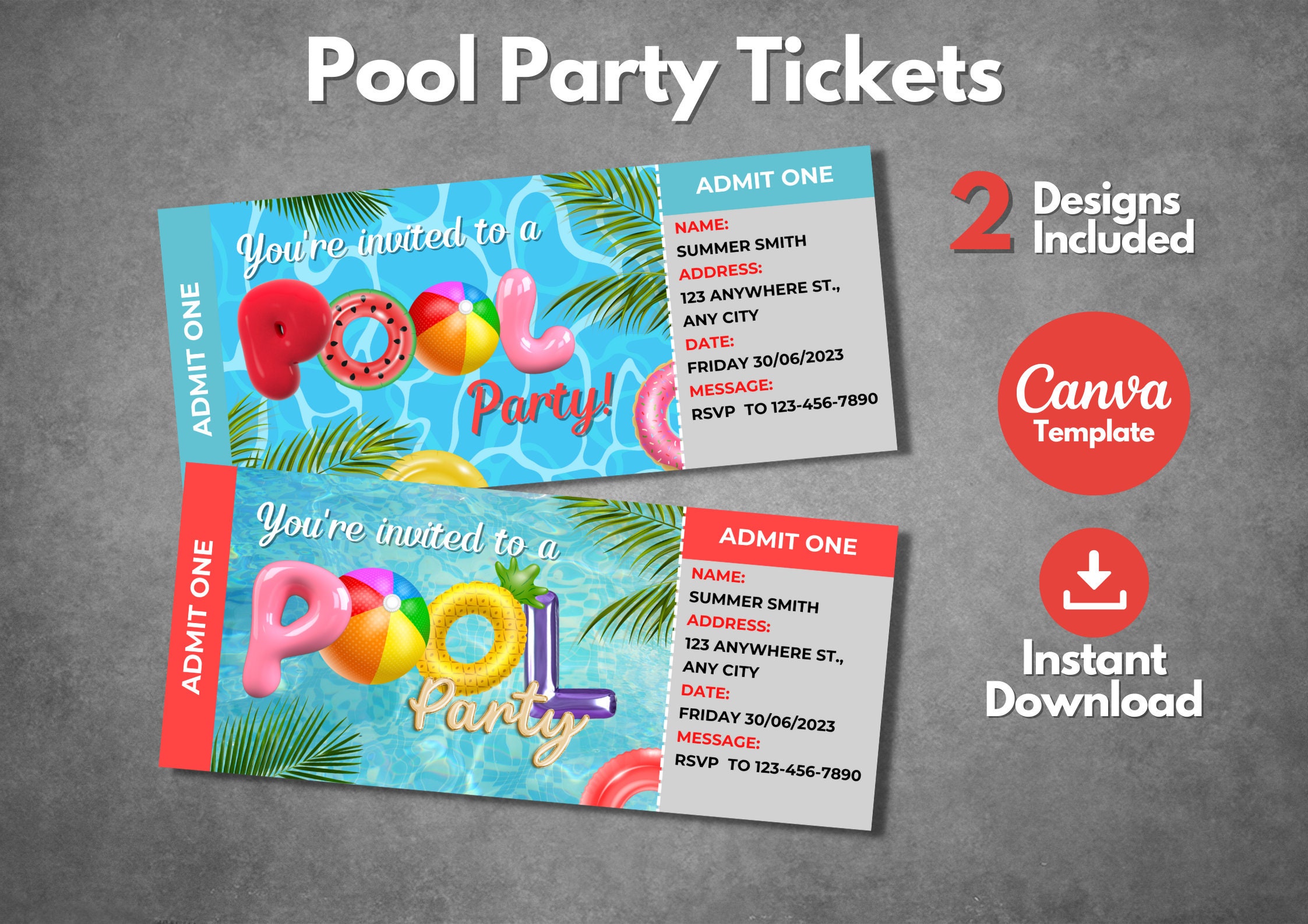 Pool Party Ticket Invitation Template, Editable Canva Design - Etsy