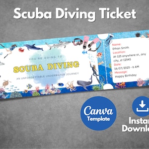 Editable Scuba Diving ticket template, Printable Scuba Diving surprise gift ticket, Custom Scuba Diving Trip voucher, Canva template