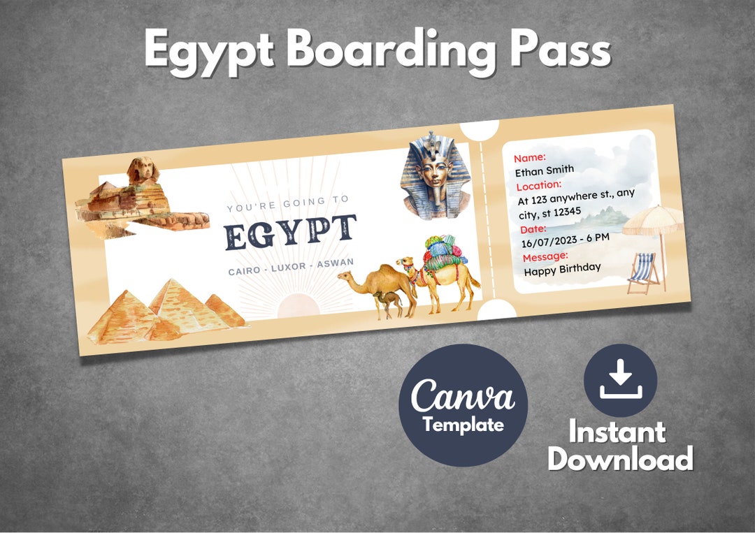 Editable Egypt Ticket Template, Printable Egypt Boarding Pass Template