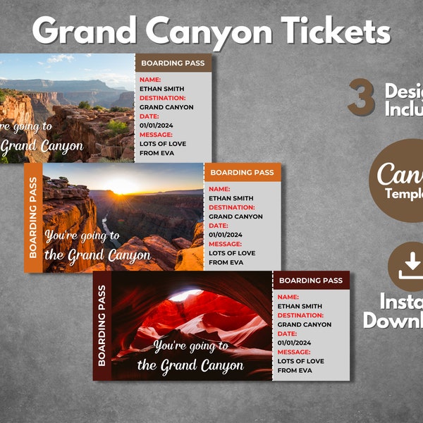 Editable Grand Canyon surprise ticket template, Printable Grand Canyon trip boarding pass voucher, Grand Canyon road trip gift ticket reveal