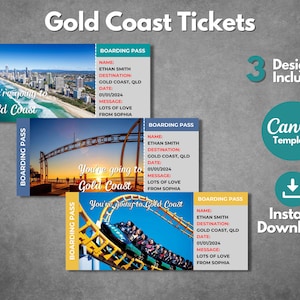 Bearbeitbare Gold Coast Queensland Überraschungsticketvorlage, druckbare Gold Coast Bordkarte, Gold Coast Urlaubsreise Geschenk Ticketvorlage