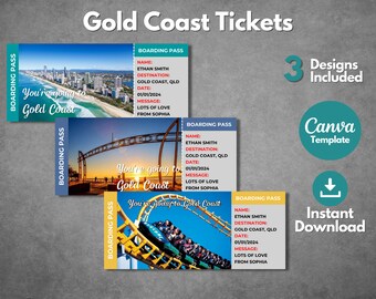 Editable Gold Coast Queensland surprise ticket template, Printable Gold Coast boarding pass, Gold Coast vacation trip gift ticket template