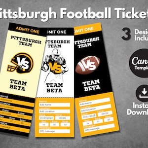 Modèle imprimable de billet surprise pour un match de football de Pittsburgh, billet cadeau modifiable pour le match d'équipe de Pittsburgh, révélation du passe de match de Pittsburgh