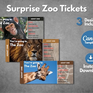 Bearbeitbare Überraschungs-Zoo-Eintrittskarten, bedruckbare Zoo-Reisegeschenk-Eintrittskarte, Tiersafari-Gutschein-Einladungsvorlage, sofortiger Download