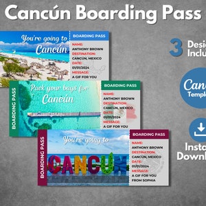 Modèle modifiable de billet de voyage Cancun Surprise, carte d'embarquement imprimable Cancun Mexique, révélation d'un billet d'avion cadeau Cancún, téléchargement immédiat