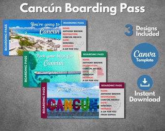 Editable Cancun Surprise trip ticket template, Printable Cancun Mexico boarding pass, Cancún Gift Airplane ticket reveal, Instant Download