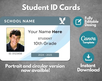 Plantilla de credencial de estudiante editable, plantilla de credencial personalizada, credencial imprimible con foto, credencial para escuela y estudiante, plantilla de Canva