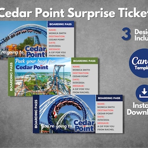 Bearbeitbare Cedar Point Ohio Überraschungsticketvorlage, druckbare Cedar Point Ohio Bordkartenvorlage, Cedar Point Urlaubsreise Geschenkticket
