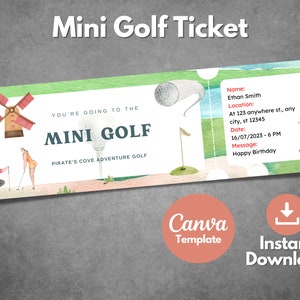 Bearbeitbare Mini Golf Ticketvorlage, druckbare Mini Golf Überraschungsgeschenkkarte, Benutzerdefinierte Mini Golf Gutschein, Canva-Vorlage