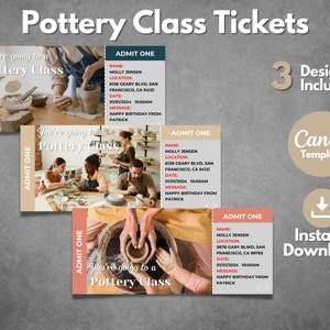 Può includere: Tre modelli di biglietti stampabili per un corso di ceramica. Ogni biglietto presenta un'immagine diversa di persone che lavorano con l'argilla. Il testo sui biglietti dice "Stai andando a un corso di ceramica" e "Ammettere uno".