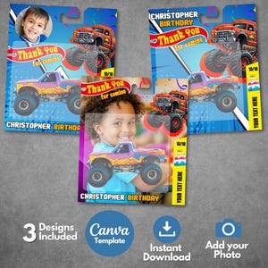 May include: Three printable designs for monster truck birthday party thank you cards. Each card features a different monster truck design with flames and a space for a photo. The text "Thank You for coming" is on each card.