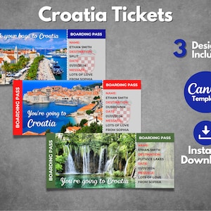 Editable Croatia trip surprise ticket template, Printable Croatia boarding pass template, Croatia vacation gift ticket reveal
