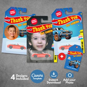 Editable Toy Car Packaging Thank you Tag Template, Printable Car Birthday Favor Tag, Custom Race Car Tag Party Supplies, Canva template.