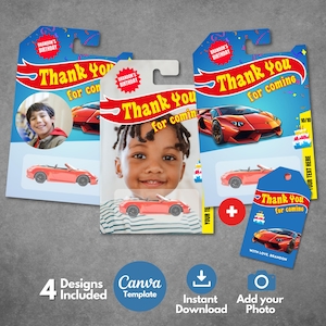 May include: Blue and red birthday party favor tags with the text "Thank You for coming". The tags feature images of a red sports car and a child's photo. The design includes the text "Brandon's Birthday".