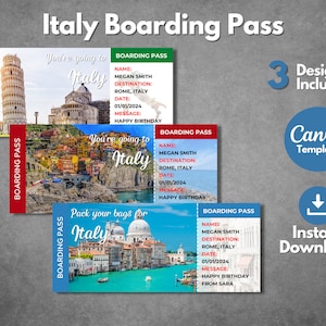 Modello modificabile della carta d'imbarco in Italia, biglietto a sorpresa per il viaggio vacanza in Italia stampabile, rivelazione del biglietto aereo regalo Roma Italia, download istantaneo