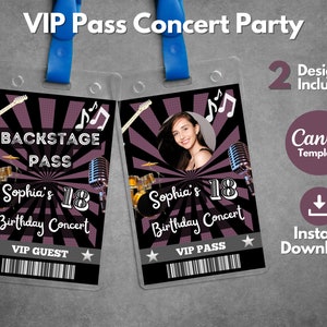 Bewerkbare VIP Pass Concertfeestsjabloon, Afdrukbare Concert Backstage Pass-uitnodigingsbadges, Aangepaste Verjaardagsfeest VIP-pas, Canva-sjabloon