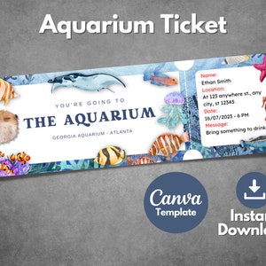 Plantilla de entrada de acuario editable, entrada de regalo sorpresa imprimible de The Aquarium, invitación de vale de acuario personalizada, plantilla de Canva