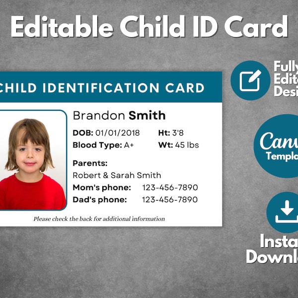 Editable Child ID Card Template, Custom Kid ID Card Template, Printable Child Identification Badge with Photo, Canva Template