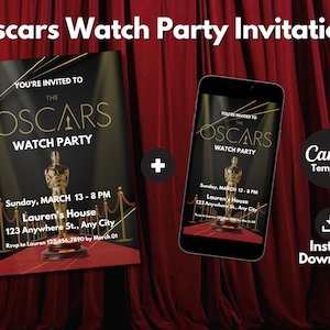 Bewerkbare Oscars-feestuitnodigingsjabloon, afdrukbare Red Carpet Watch-feestpasuitnodiging, Mobile Academy Awards-feestuitnodigingssjabloon