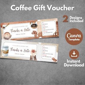 Sjabloon bewerkbare koffiecadeaubon, afdrukbare coupon voor 'Bedankt een latte', gepersonaliseerd cadeaubon voor koffie, Canva-sjabloon