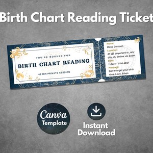 May include: A navy blue Birth Chart Reading Ticket with gold accents and celestial illustrations. The ticket includes details such as the name, location, date, and a message. The words "Birth Chart Reading" are prominently displayed.