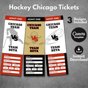 Modello modificabile di biglietto per una partita di Chicago Hockey, voucher stampabile per una partita di Chicago Illinois, biglietto regalo personalizzato per una partita di hockey su ghiaccio, modello Canva