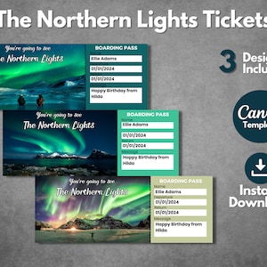 Bearbeitbare Nordlichter Überraschungsticket-Vorlage, druckbare Aurora Borealis Bordkarte Urlaubsreise, Aurora Borealis Geschenkticket Enthüllung
